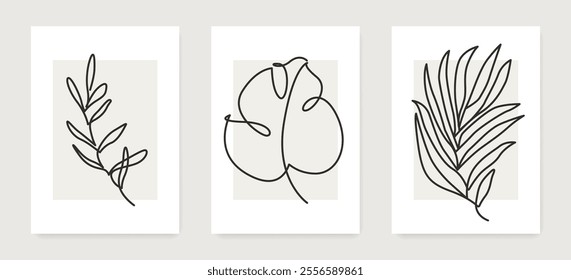 Wall Art Set of Hand Drawn Leaves Branch in Line Art Style. Single Continuous Line Floral Cards. Glamour Art Leaf for Boho Wall Décor, Poster, T-shirt Print, Logo. Not AI