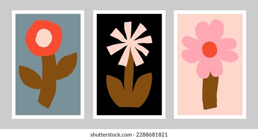 Wall Art - conjunto de tres afiches con flores. Ilustración vectorial Floral. Colección de afiches con flores recortadas. Decoración del hogar imprimible