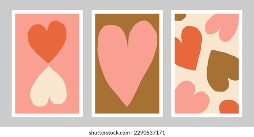 Wall Art - conjunto de tres afiches con corazones. Ilustración vectorial romántica. Colección de afiches con el corazón cortado. Decoración del hogar imprimible