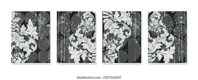 Wall art showcases natural green and white ornaments on a dark backdrop, accentuated by brush paint splashes, forming a harmonious pattern and serene ambiance.
