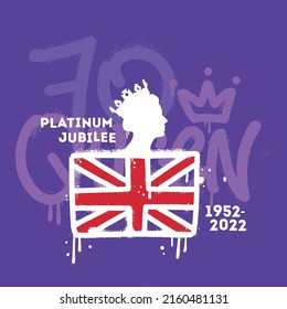 Wall art street graffiti style card for Platinum Queen Jubilee 1952-2022. Female head side profile with crown, flag, splash effect and drops. Print for tee, poster. Vector hand drawn illustration svg