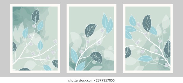 Wall art template in abstract style. Collection of hand drawn leaves with blue watercolor texture, leaf branch, botanical art. Botanical set of posters for wall decoration, interior, wallpaper, banner