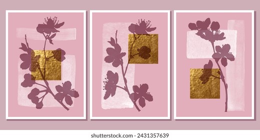 Wall art triptych. Sakura, cherry blossoms, tree branch. Grunge brush strokes. Golden foil texture. Composition for card, poster, painting design.