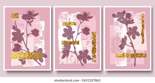 Wall art triptych. Sakura, cherry blossoms, tree branch. Grunge brush strokes. Golden foil texture. Composition for card, poster, painting design.