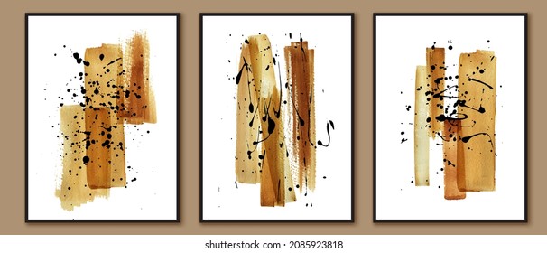 Wall art triptych. Set of posters with golden watercolor brush strokes and black splatters. Home decor design.