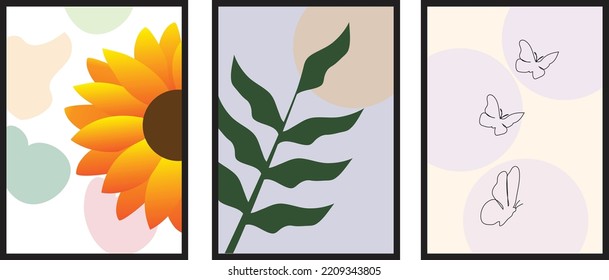 Wall Art Vector Frame. Sunflower art Vector. Butterfly line art wall poster design. Botanic leaf vector art.