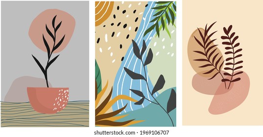 Conjunto de vectores de arte mural , Resumen de arte mural de Boho, Afiche de diseño minimalista, postal