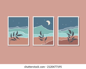 Wall Art Vector Set Abstract Boho Mountain Moonlight Illustration