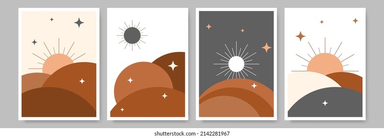 Conjunto de vectores de arte mural , Arte mural de boho abstracto, Afiche de diseño minimalista, fondos abstractos vectoriales postales, formas geométricas, formas orgánicas. Concepto de decoración estética de boho