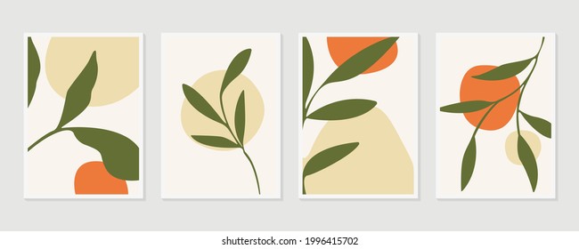 Conjunto de vectores de arte mural. Dibujo de arte de la línea floral boho del tono de la tierra. Resumen Diseño de arte vegetal para la impresión, cubierta, papel pintado, arte de pared mínimo y natural.
