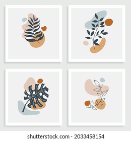 wall art vector set. Foliage line art drawing with abstract shape. Abstract Plant Art design for print, cover, wallpaper, Minimal and natural wall art. Vector illustration.