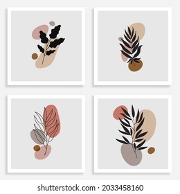 wall art vector set. Foliage line art drawing with abstract shape. Abstract Plant Art design for print, cover, wallpaper, Minimal and natural wall art. Vector illustration.