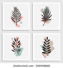 wall art vector set. Foliage line art drawing with abstract shape. Abstract Plant Art design for print, cover, wallpaper, Minimal and natural wall art. Vector illustration.