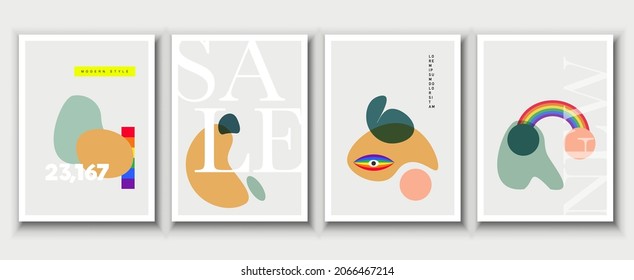 wall art vector set. Foliage line art drawing with abstract shape rainbow. Abstract Plant Art design for lgbt print, cover, wallpaper, Minimal and natural wall art. Vector illustration.