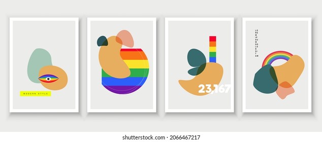 wall art vector set. Foliage line art drawing with abstract shape rainbow. Abstract Plant Art design for lgbt print, cover, wallpaper, Minimal and natural wall art. Vector illustration.