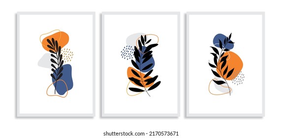 wall art vector set. Foliage line art drawing with abstract shape. Abstract Plant Art design for print, cover, wallpaper, Minimal and natural wall art. Vector illustration.