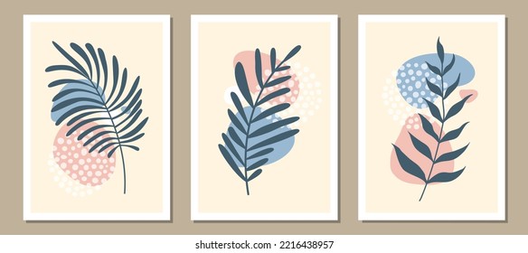 wall art vector set. Foliage line art drawing with abstract shape. Abstract Plant Art design for print, cover, wallpaper, Minimal and natural wall art. Vector illustration.