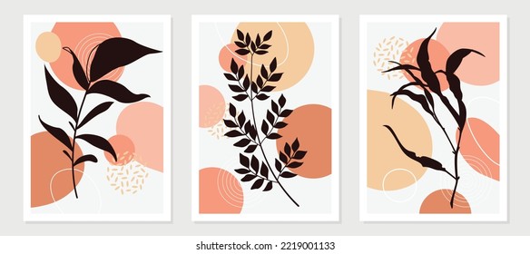 wall art vector set. Foliage line art drawing with abstract shape. Abstract Plant Art design for print, cover, wallpaper, Minimal and natural wall art. Vector illustration.