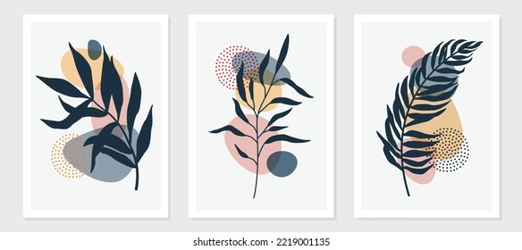 wall art vector set. Foliage line art drawing with abstract shape. Abstract Plant Art design for print, cover, wallpaper, Minimal and natural wall art. Vector illustration.