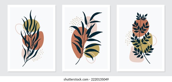 wall art vector set. Foliage line art drawing with abstract shape. Abstract Plant Art design for print, cover, wallpaper, Minimal and natural wall art. Vector illustration.