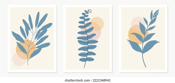 wall art vector set. Foliage line art drawing with abstract shape. Abstract Plant Art design for print, cover, wallpaper, Minimal and natural wall art. Vector illustration.
