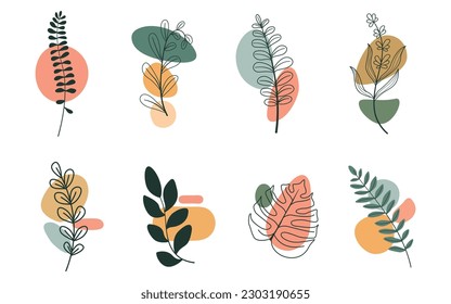 wall art vector set. Foliage line art drawing with abstract shape. Abstract Plant Art design for print, cover, wallpaper, Minimal and natural wall art. Vector illustration.