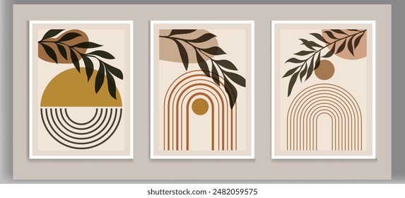 Wall art vector set. Foliage line art drawing with abstract shape. Abstract Plant Art design for print, cover, wallpaper, Minimal and natural wall art. Vector illustration.