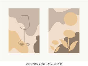 Wall art vector set. Foliage line art drawing with abstract shape. Botanical poster minimalist style design with abstract shape for print, wallpaper, background, wall art. Vector Illustration.