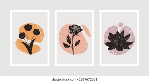 Wall art vector set. Hand drawing floral plants with abstract shape for decoration, print, cover, wallpaper, Minimal and natural wall art. Vector illustration