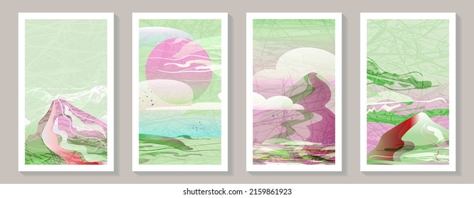 Wall art vector set with landscapes of mountains, sea, sun in the clouds. Grunge texture. Abstract art for print, cover, wallpaper, minimal and natural wall art.