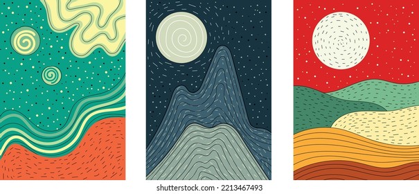 wall art vector set. landscapes backgrounds set with moon, skies, mountain, hills and stars Abstract design for print, cover, wallpaper, Minimal and natural wall art