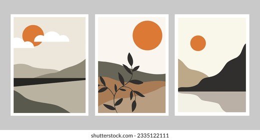 conjunto de vectores de arte mural. Dibujo de líneas de follaje boho color agua con forma abstracta. Resumen Diseño de arte vegetal para la impresión, cubierta, papel pintado, arte de pared mínimo y natural.