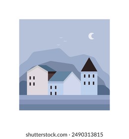 wall art of a view of a building with a dimly colored mountain background