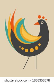 Wall art, vintage poster with bird design in scandinavian style for wall decoration brochure cover, placard decor. Art print. Folk art bird decoration, retro. Wallpaper.