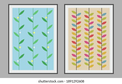 Wall art, vintage scandinavian posters set with leaves pattern design for wall decoration brochure cover, placard decor. Art print. Floral decoration, retro. Wallpaper. Home interior.