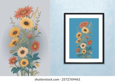 wall art watercolor sun flower plant illustartion poster, flower poster wall decor flower

