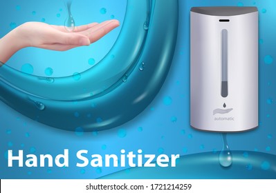 Wall automatic sanitizer dispenser for hand. Rubbing Alcohol based. Wall mounted soap or antiseptic dispenser. Covid-19 spread prevention. Protection from germs such as coronavirus. Horizontal banner.