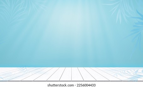 Wall backdrop with shadow leaves on wood floor texture,3d Vector Backdrop  background Blue Display studio room with palm leaf overlay on wall,Concept for Organic Cosmetic product Presents,Sale Online