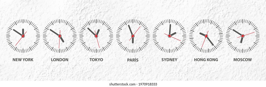 wall background with round city clocks.