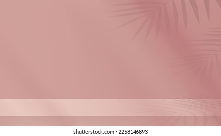 Wall background,3D Display Pink Podium with coconut palm leaves shadow overlay on wall Background,Vector luxury studio scene with light and leaves silhouette for Organic beauty product presentation