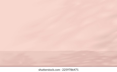 Wall background,3D Product background Display Pink color with leaves shadow overlay on wall room,Vector luxury studio scene with light and leaves silhouette for Organic beauty product presentation