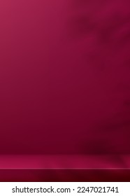 Wall background,Pink Magenta 3d Studio Display,Natural leaves shadow  reflect on empty wall Room,Interior mockup backdrop Presentation for Beauty Product,Mothers day,Valentine day, Color Trend 2023