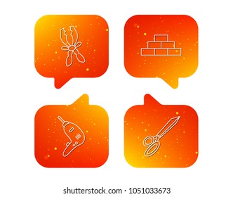 Wall, battery terminals and scissors icons. Drill tool linear sign. Orange Speech bubbles with icons set. Soft color gradient chat symbols. Vector