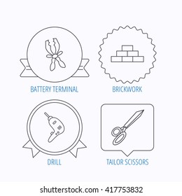 Wall, battery terminals and scissors icons. Drill tool linear sign. Award medal, star label and speech bubble designs. Vector