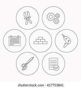 Wall, battery terminals and scissors icons. Drill tool linear sign. Check file, calendar and cogwheel icons. Vector