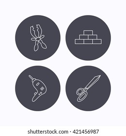 Wall, battery terminals and scissors icons. Drill tool linear sign. Flat icons in circle buttons on white background. Vector