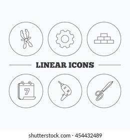 Wall, battery terminals and scissors icons. Drill tool linear sign. Flat cogwheel and calendar symbols. Linear icons in circle buttons. Vector