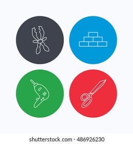 Wall, battery terminals and scissors icons.