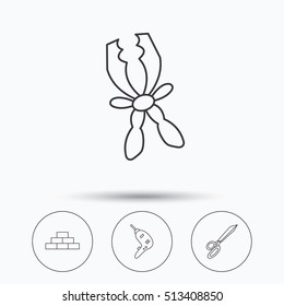 Wall, battery terminals and scissors icons. Drill tool linear sign. Linear icons in circle buttons. Flat web symbols. Vector