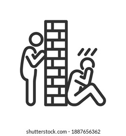 Wall between people, relationship problems, conflict. Upset man sits with his back against a wall, the second person tries to reach him, linear icon. Line with editable stroke